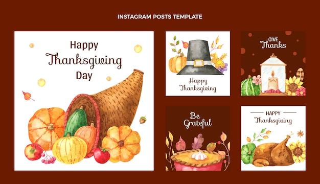 Free vector watercolor thanksgiving instagram posts collection