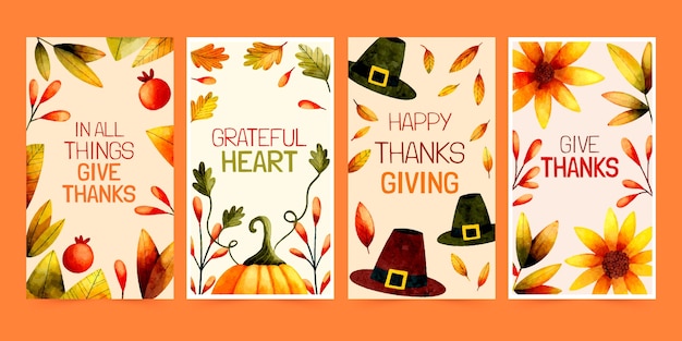 Free vector watercolor thanksgiving instagram stories collection