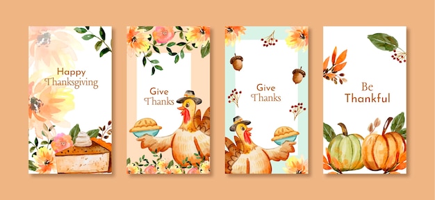 Free vector watercolor thanksgiving instagram stories collection