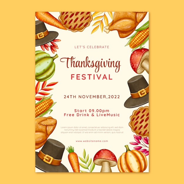 Free vector watercolor thanksgiving invitation template