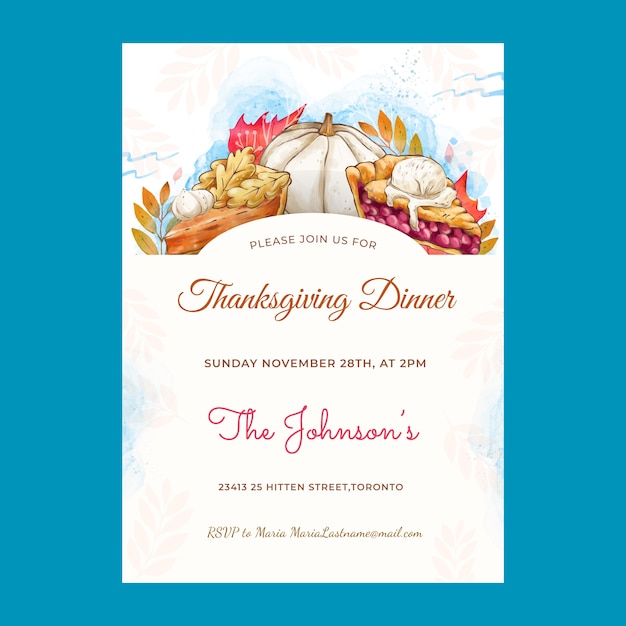 Free vector watercolor thanksgiving invitation template