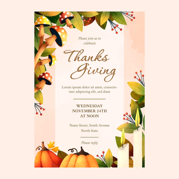 Free vector watercolor thanksgiving invitation template