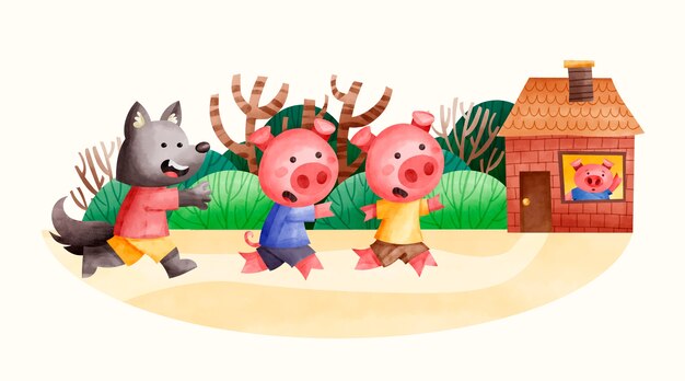 수채화 아기 돼지 세 마리 그림