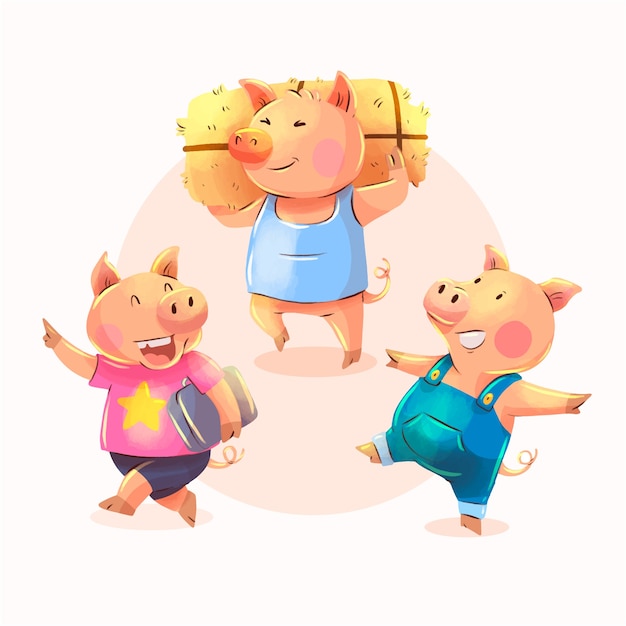 Watercolor  the three little pigs illustration