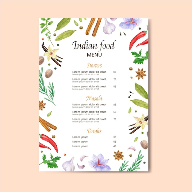 Free vector watercolor traditional indian restaurant menu template