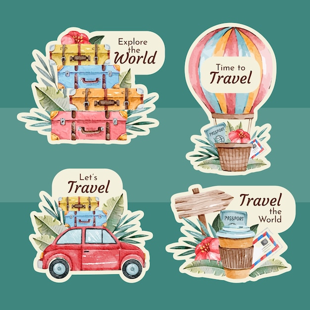 Free vector watercolor travel agency stickers