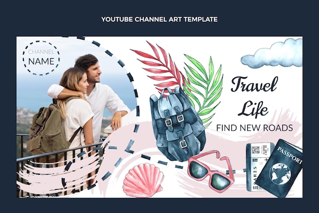 Free vector watercolor travel youtube thumbnail