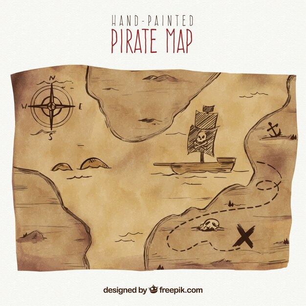 Watercolor treasure map of pirate  adventure