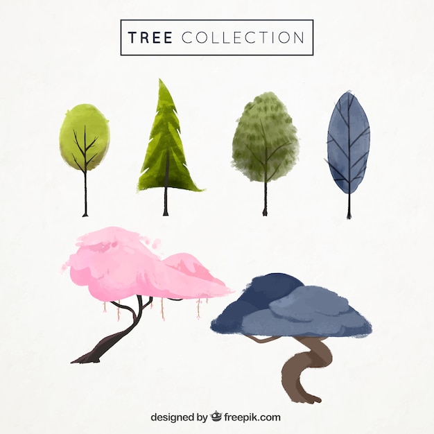 Vettore gratuito alberi acquerello in diversi colori