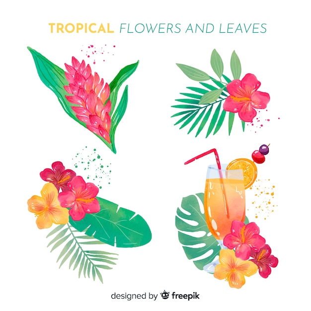 Watercolor tropical flowers and leaves