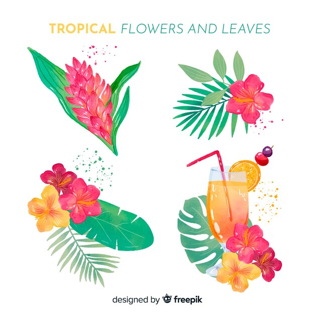 Watercolor tropical flowers and leaves