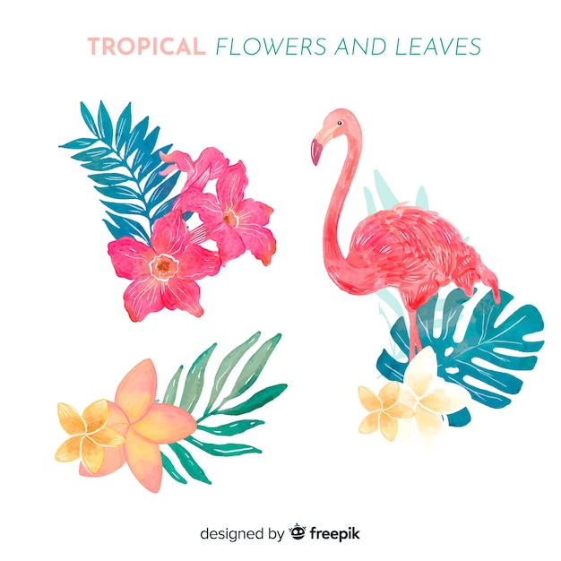 Watercolor tropical flowers and leaves