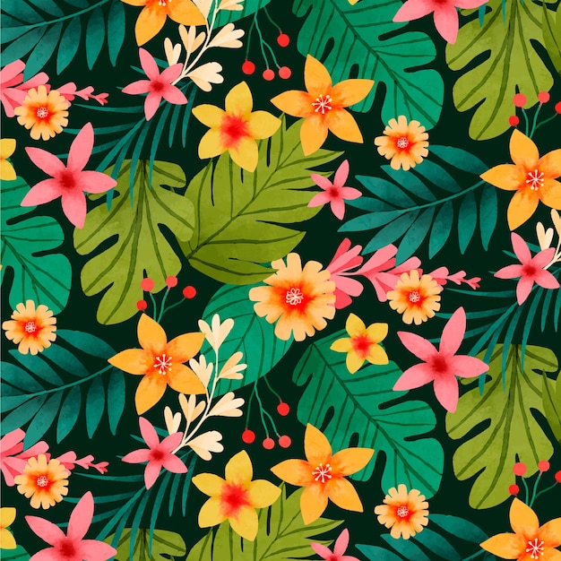 Watercolor tropical flowers pattern