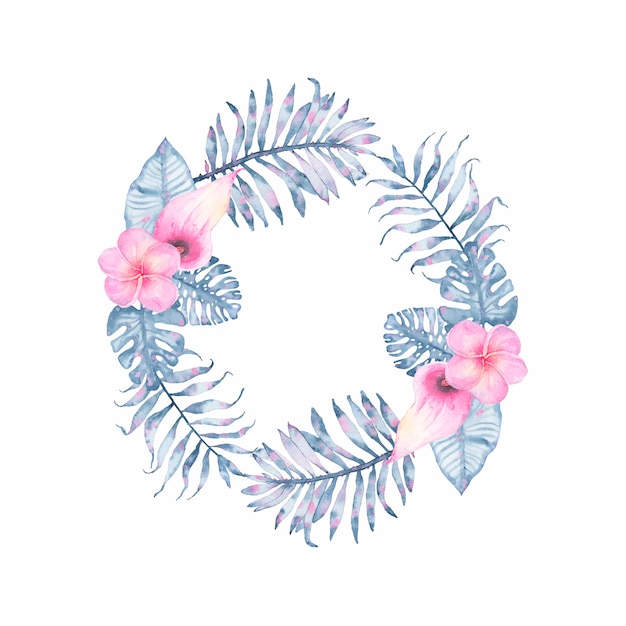 핑크 칼라 프랜지 페니와 인디고 팜 몬스 테라의 잎 수채화 열대 인디고 꽃 화환