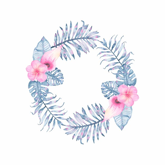 Watercolor tropical indigo floral wreath with pink calla frangipani and leaves of indigo palm monstera