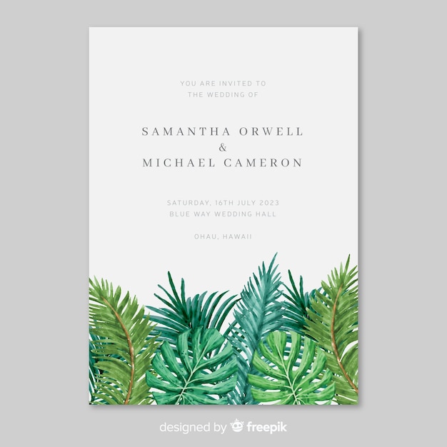 Watercolor tropical leaves wedding invitation template