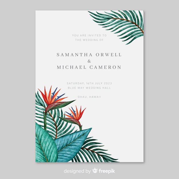 Watercolor tropical leaves wedding invitation template