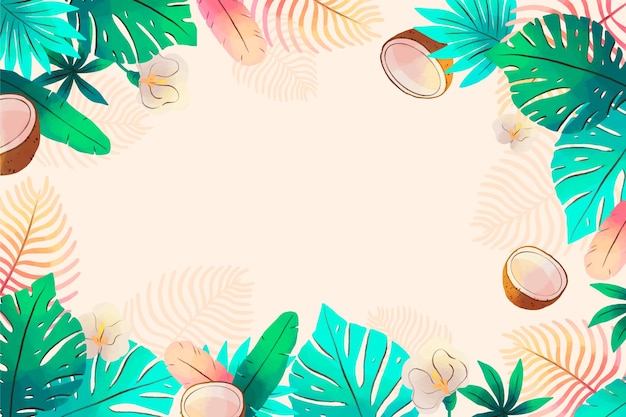 Free vector watercolor tropical summer background with leaves and coconut