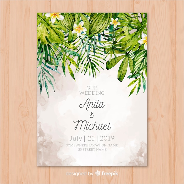 Free vector watercolor tropical wedding invitation