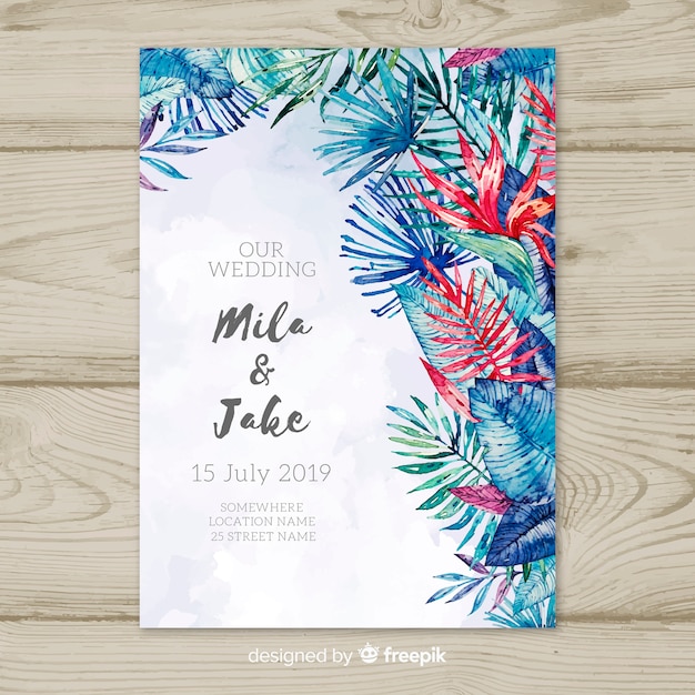 Free vector watercolor tropical wedding invitation