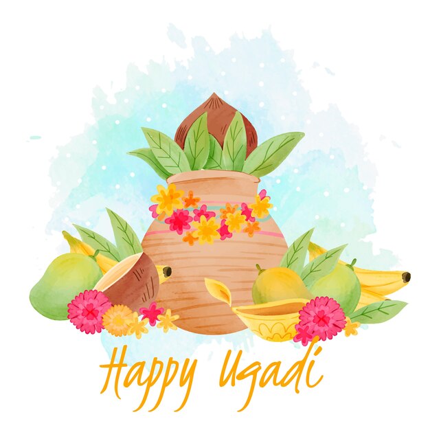 Watercolor ugadi with plants and flowers