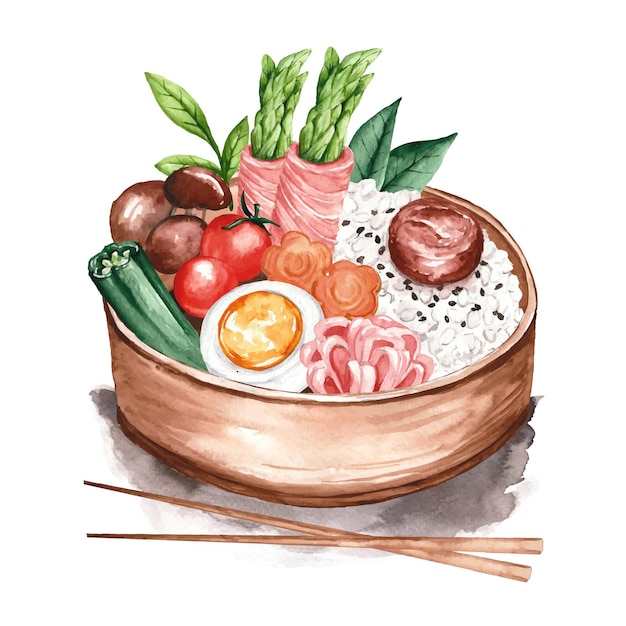 Watercolor umeboshi bento illustration