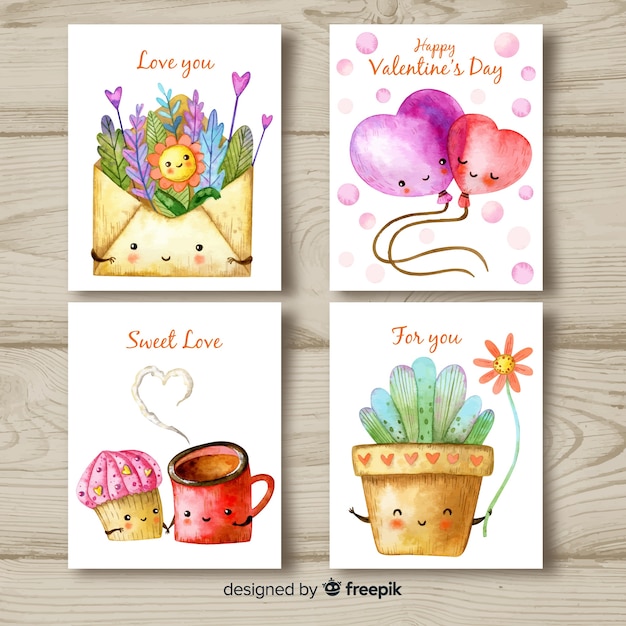 Free vector watercolor valentine card collection