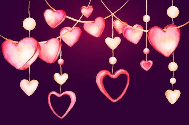 Watercolor valentine's day background with hanging hearts