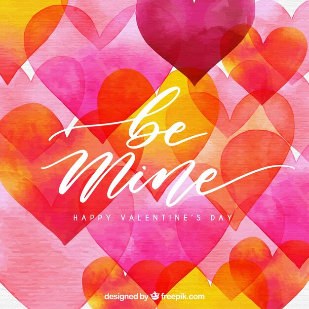 Watercolor valentine's day background with pink and orange hearts