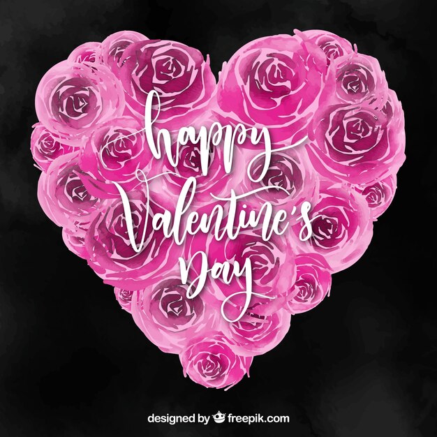 Watercolor valentine's day background with roses in a heart