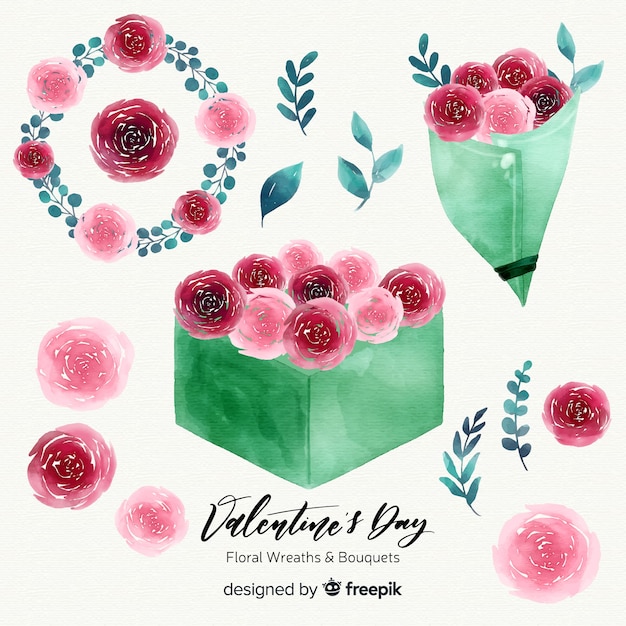 Watercolor valentine's day floral wreaths & bouquets