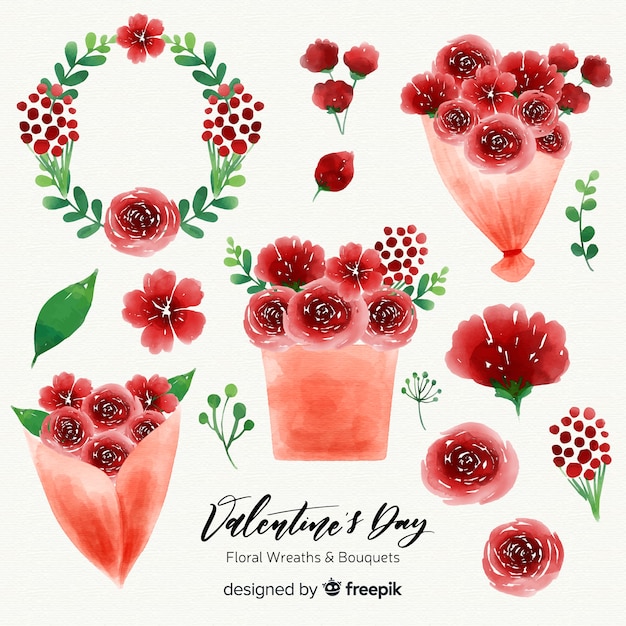 Watercolor valentine's day floral wreaths & bouquets