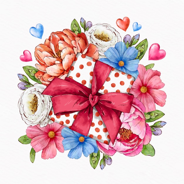 花と水彩のバレンタインデーのギフトボックス