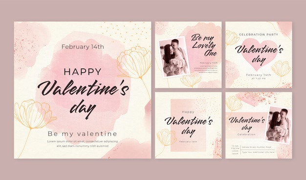 Vettore gratuito collezione di post di instagram di san valentino dell'acquerello