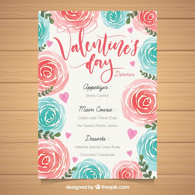 Watercolor valentine's day menu template