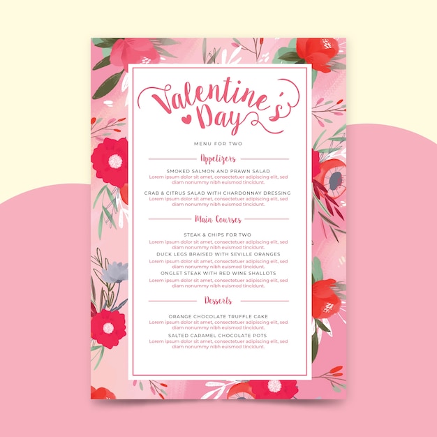 Modello di menu di san valentino dell'acquerello