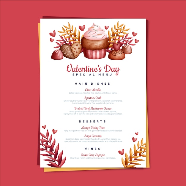 Vettore gratuito modello di menu di san valentino dell'acquerello