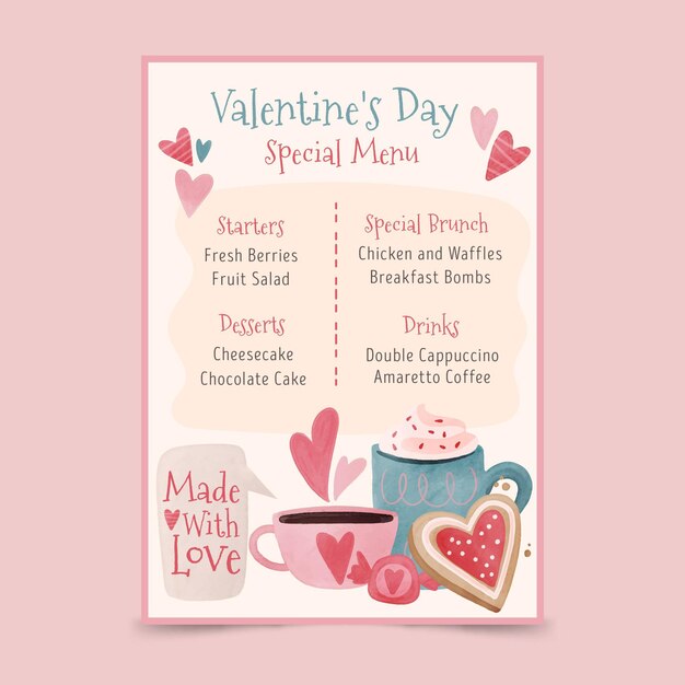 Watercolor valentine's day menu template