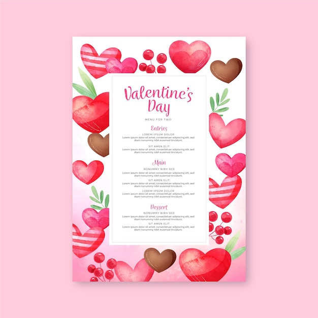 Watercolor valentine's day menu template