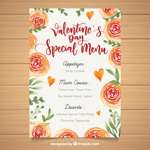 Free vector watercolor valentine's day menu