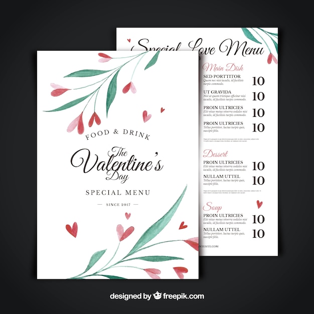 Watercolor valentine's day menu