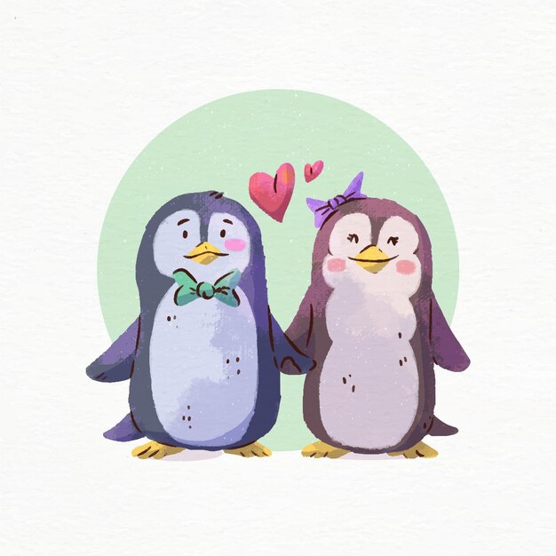 Watercolor valentine's day penguins in love