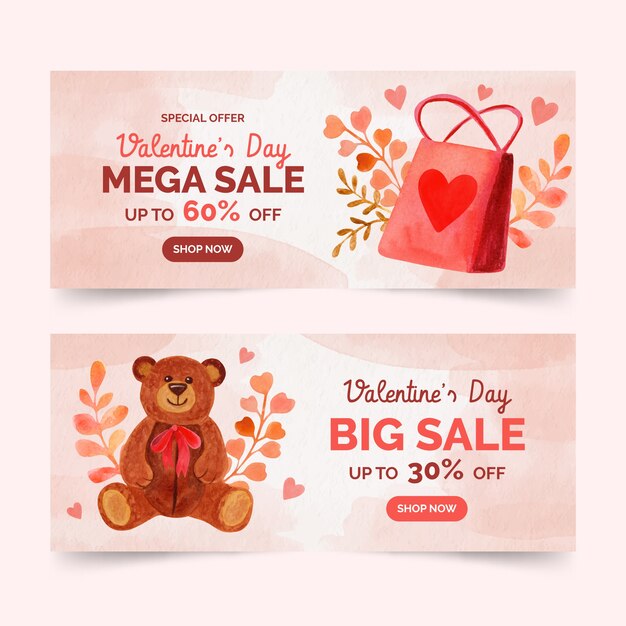 Watercolor valentine's day sale horizontal banners set