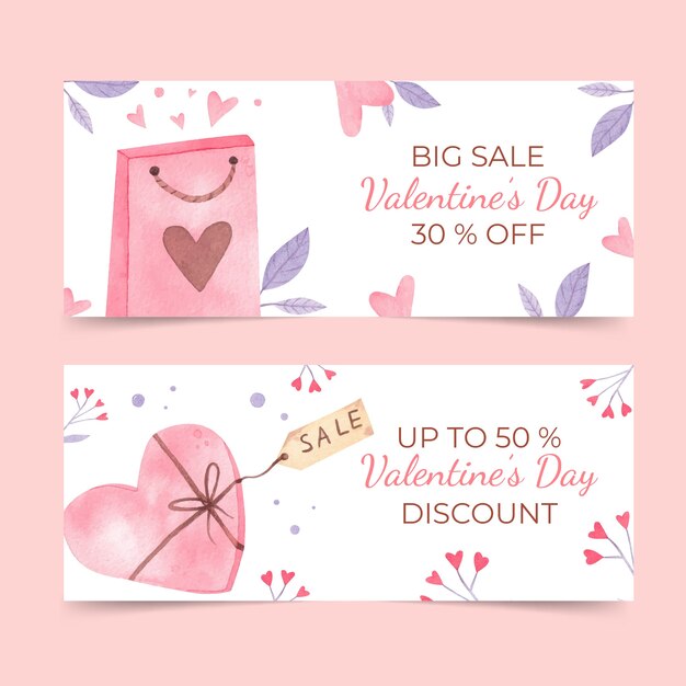 Watercolor valentine's day sale horizontal banners set