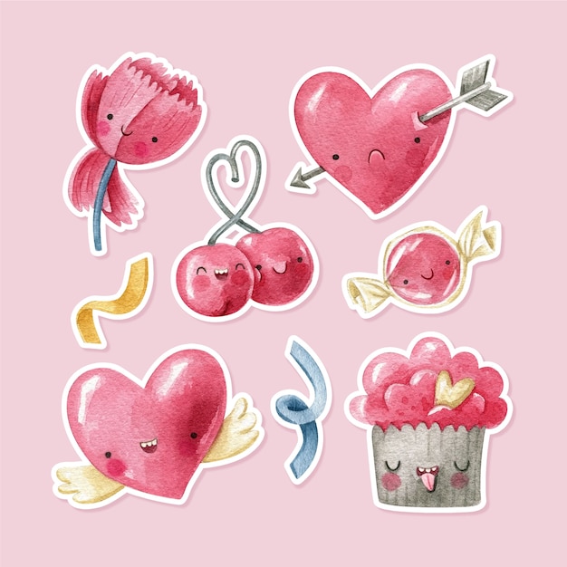 Free vector watercolor valentine's day stickers collection