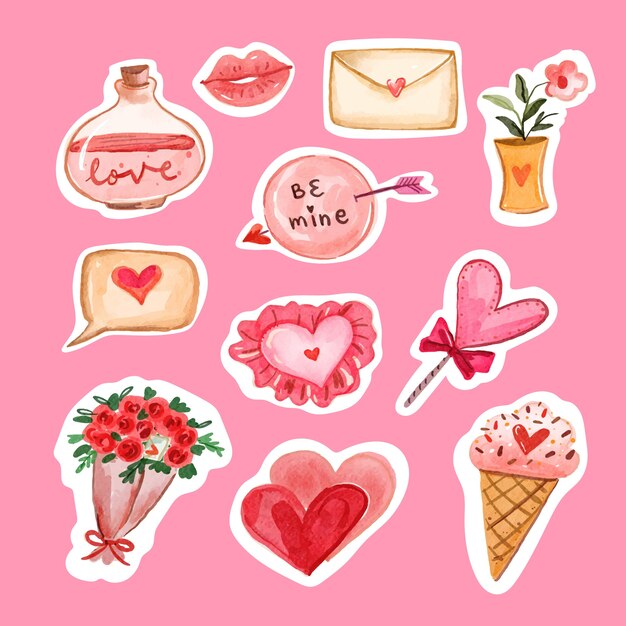 watercolor valentine's day stickers collection