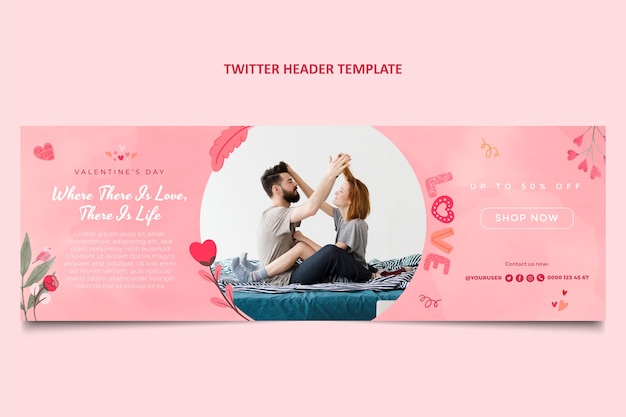 Vettore gratuito intestazione twitter di san valentino ad acquerello