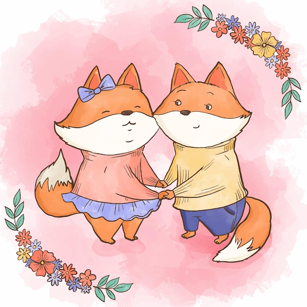 Watercolor valentines day animal couple