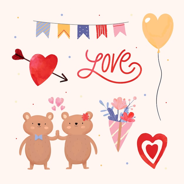 Free vector watercolor valentines day celebration elements collection