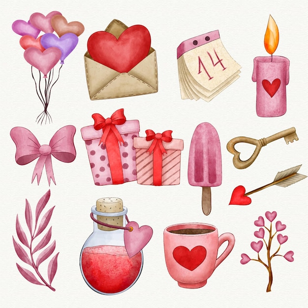 Free vector watercolor valentines day element collection